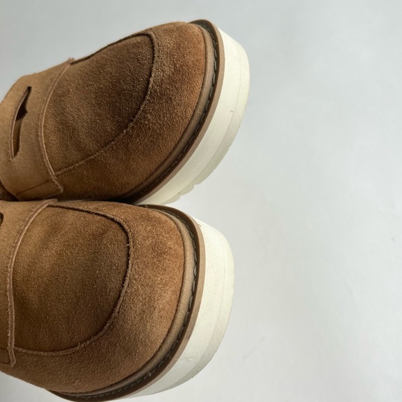 UGG Penny Tan Suede Sheepskin Leather Fur Trim Rubber Outsole Loafers size 8 - Picture 11 of 16